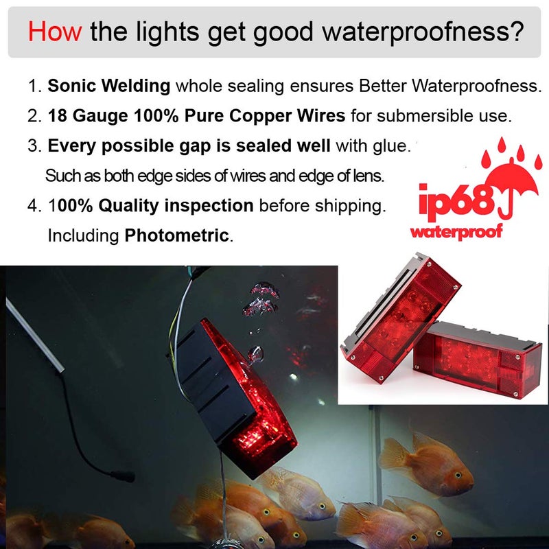 CZC AUTO 2PCS 12V LED Submersible Low Profile Rectangular Trailer Lights, LED Trailer Lights with 4 Reflective Strips, Tail Stop Turn Running Lights Kit, Sealed for Boat Trailer Truck Marine - Image 4